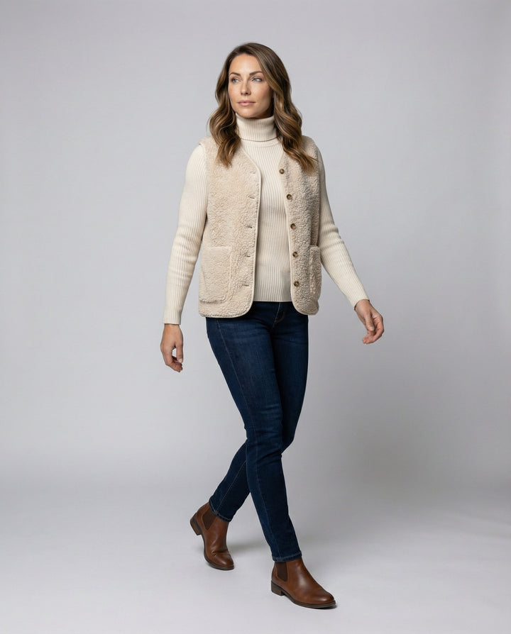 Delilah | Women's Button Front Sherpa Vest - Beige - Image 1