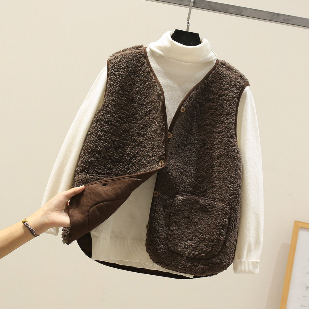 Delilah | Women's Button Front Sherpa Vest - Beige - Image 10