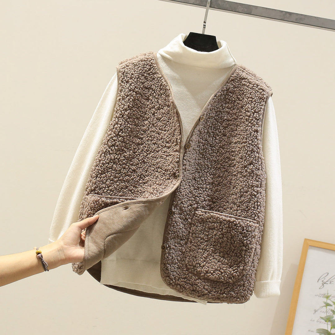 Delilah | Women's Button Front Sherpa Vest - Beige - Image 11