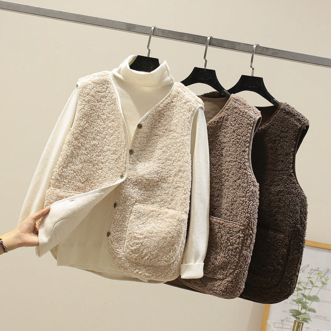 Delilah | Women's Button Front Sherpa Vest - Beige - Image 12