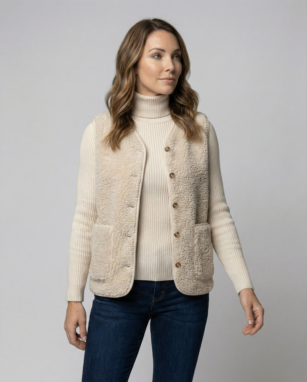 Delilah | Women's Button Front Sherpa Vest - Beige - Image 2