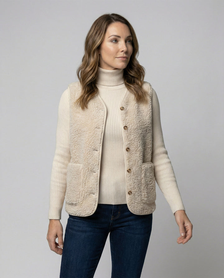 Delilah | Women's Button Front Sherpa Vest - Beige - Image 2