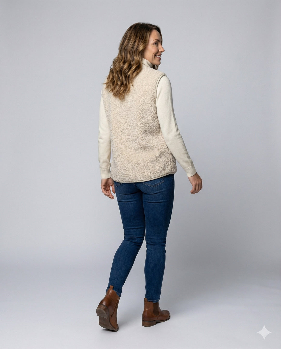 Delilah | Women's Button Front Sherpa Vest - Beige - Image 3