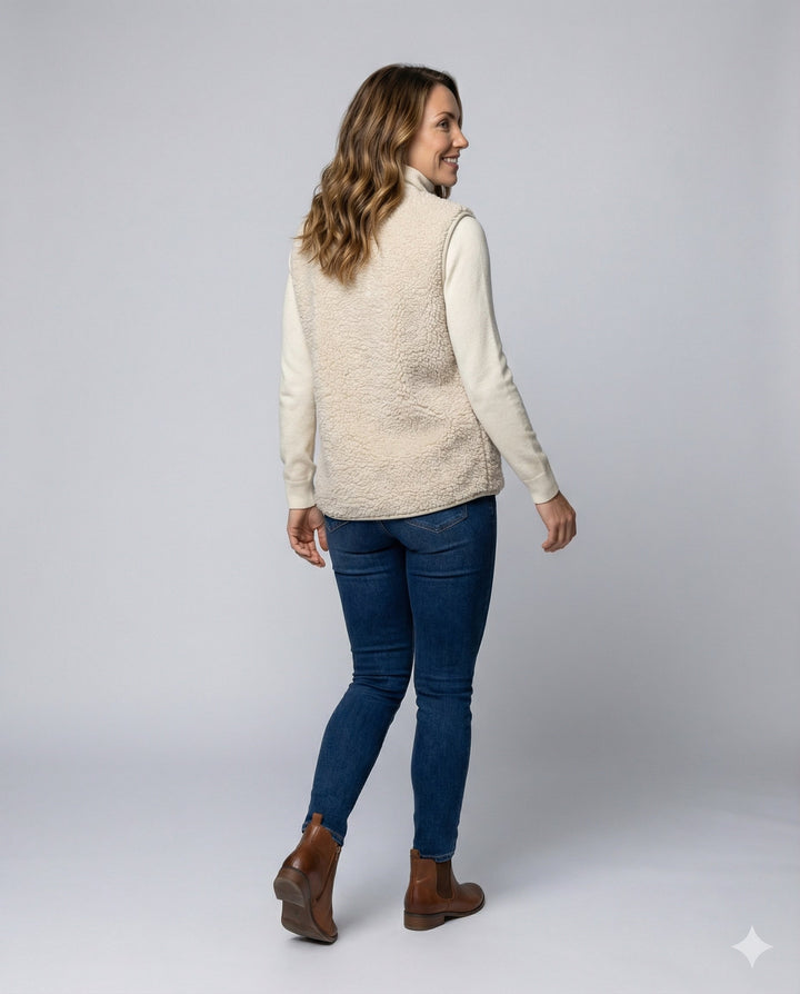 Delilah | Women's Button Front Sherpa Vest - Beige - Image 3