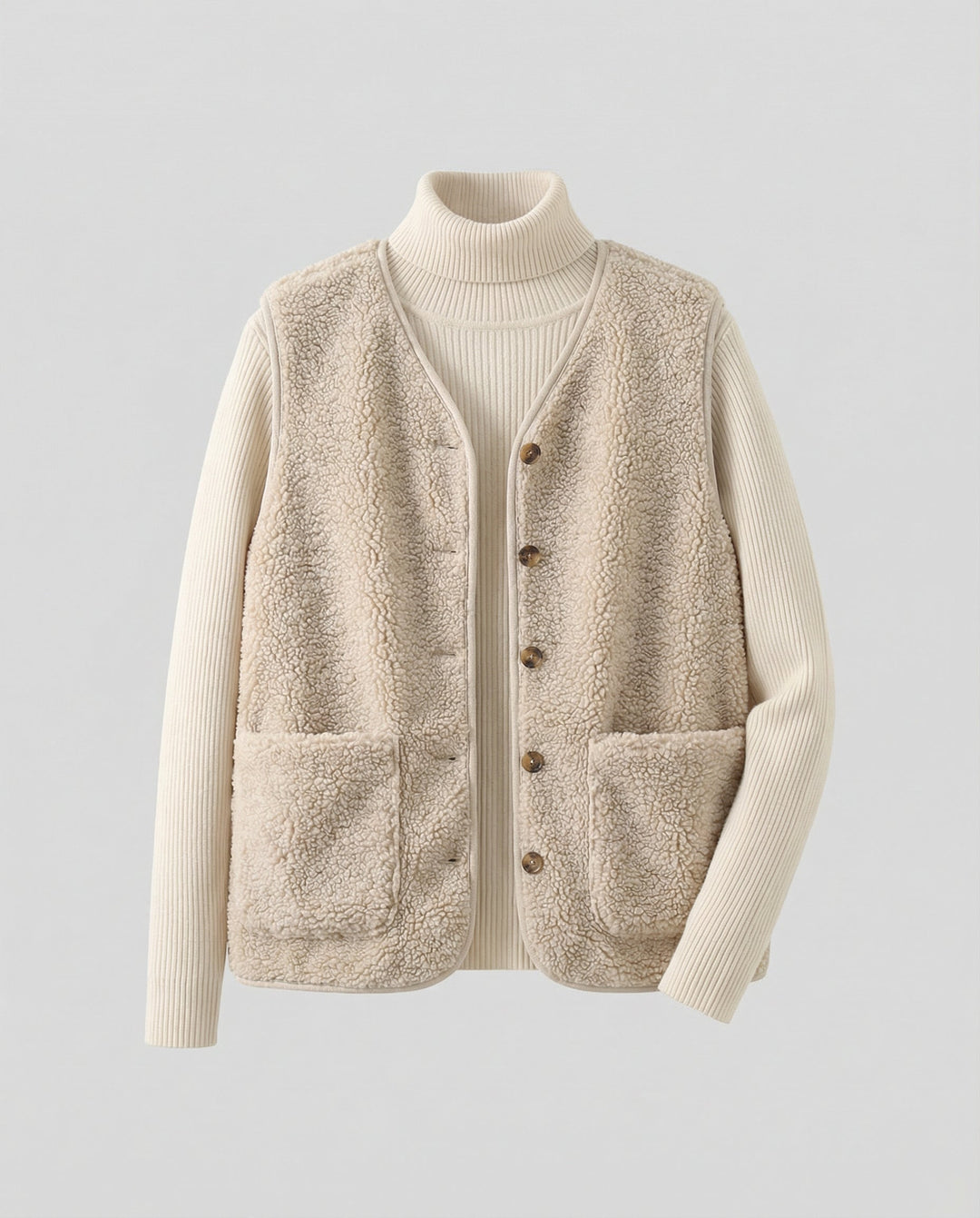 Delilah | Women's Button Front Sherpa Vest - Beige - Image 6