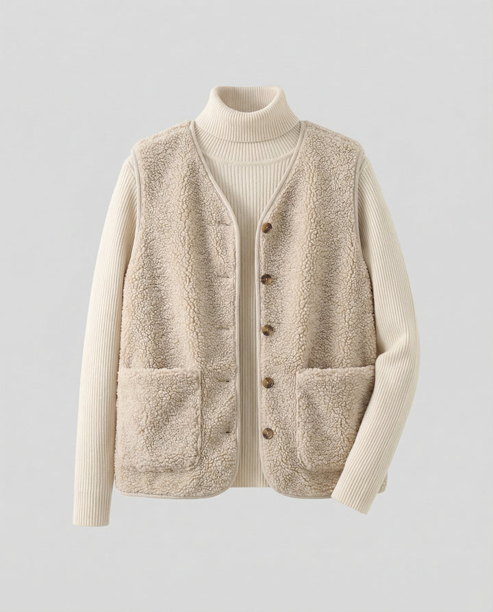 Delilah | Women's Button Front Sherpa Vest - Beige - Image 6