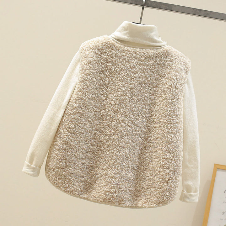 Delilah | Women's Button Front Sherpa Vest - Beige - Image 7