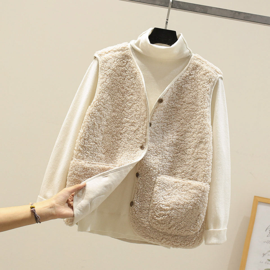 Delilah | Women's Button Front Sherpa Vest - Beige - Image 9