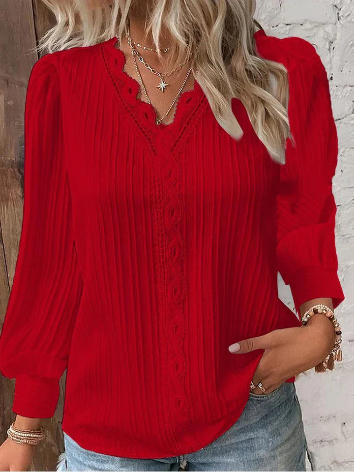 Delilah | Women's V Neck Ribbed Long Sleeve Blouse - Black - Image 5