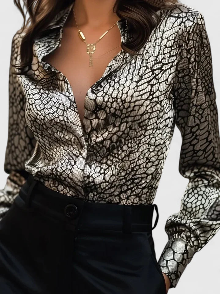 Delphine | Women's Leopard Print Collared Long Sleeve Blouse - Leopard - Image 2
