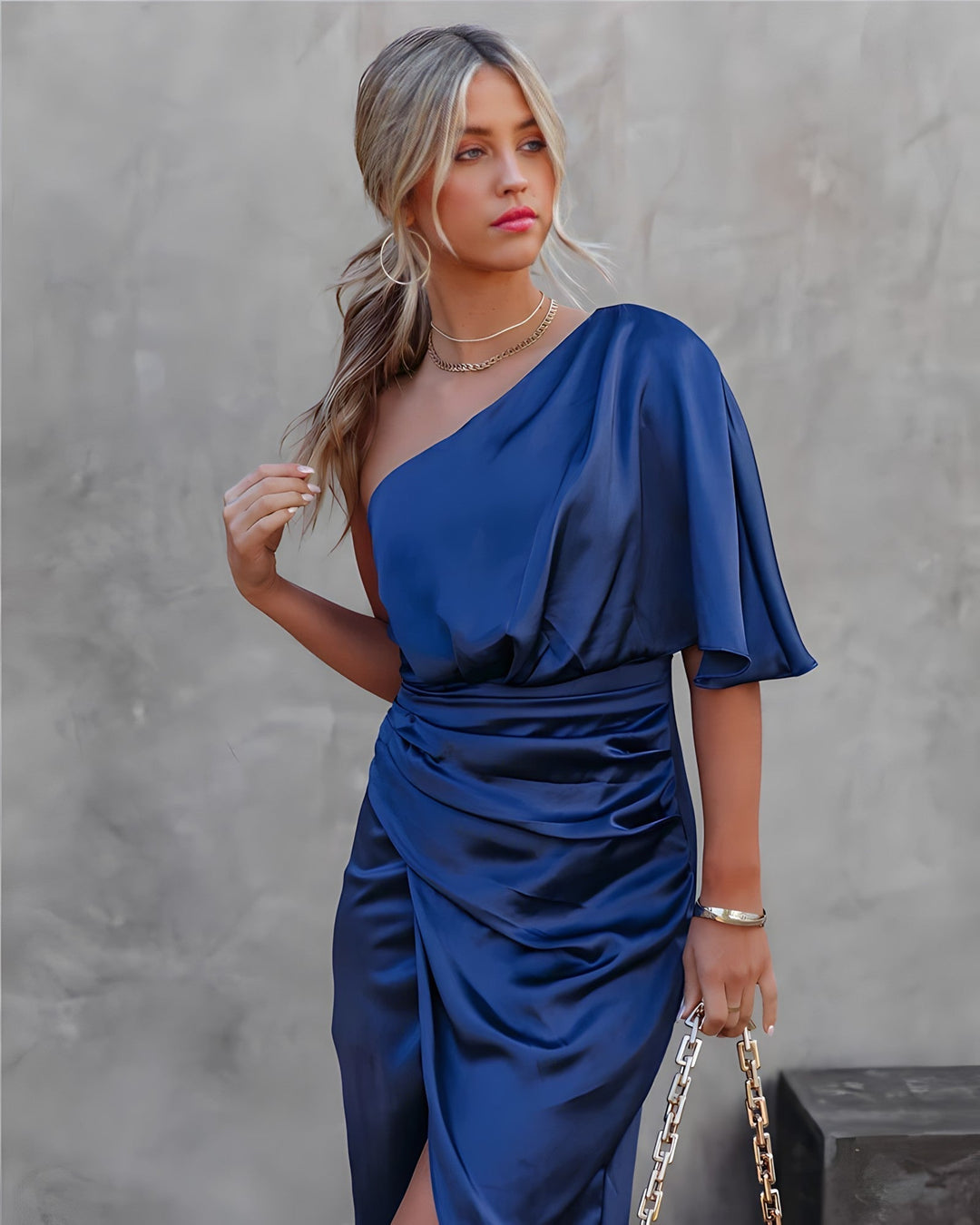 Delvaine | Women's Wedding Guest Dress One Shoulder Midi - Royal Blue - Image 1
