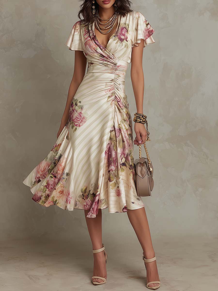 Delvaine | Women's Wedding Guest Floral Midi Dress - Cream - Image 1