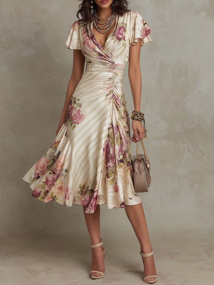 Delvaine | Women's Wedding Guest Floral Midi Dress - Cream - Image 1
