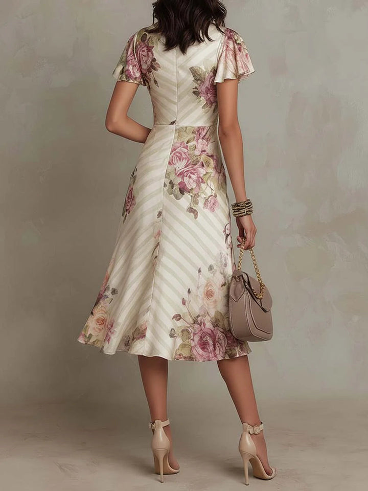Delvaine | Women's Wedding Guest Floral Midi Dress - Cream - Image 2