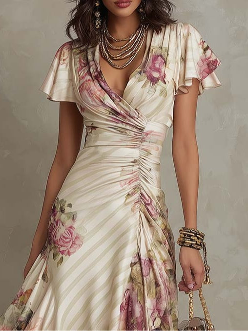 Delvaine | Women's Wedding Guest Floral Midi Dress - Cream - Image 3