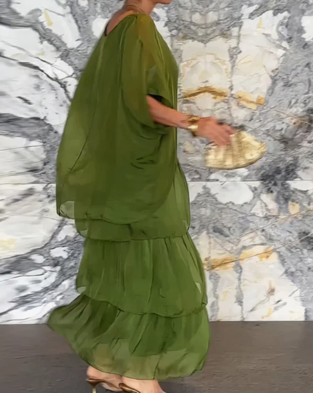 Delvaine | Women's Wedding Guest Maxi Dress Tiered - Olive Green - Image 4