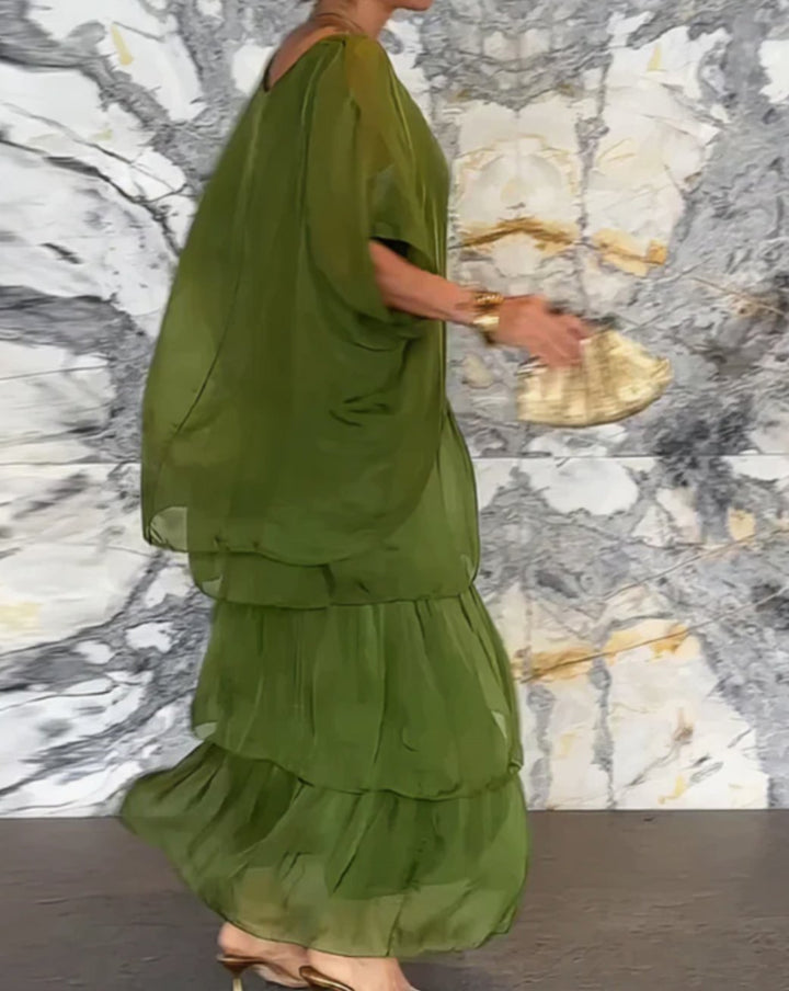 Delvaine | Women's Wedding Guest Maxi Dress Tiered - Olive Green - Image 4
