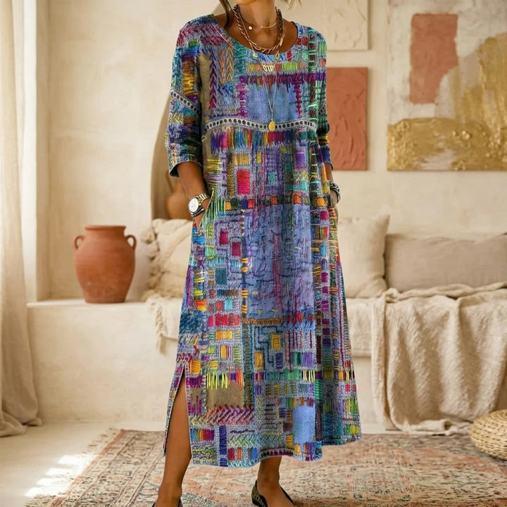 Delvara | Women's Boho Print Midi Dress with Pockets - Image 1