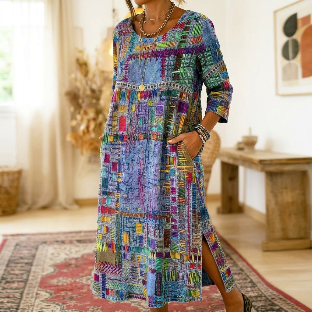 Delvara | Women's Boho Print Midi Dress with Pockets - Image 2
