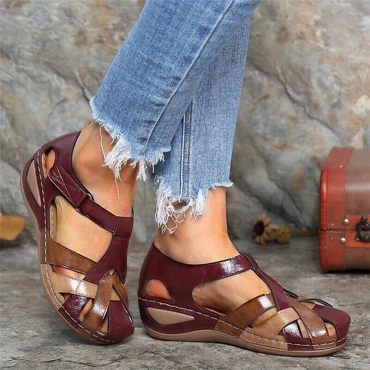 Delvara | Women's Closed Toe Wedge Sandals - Burgundy - Image 2