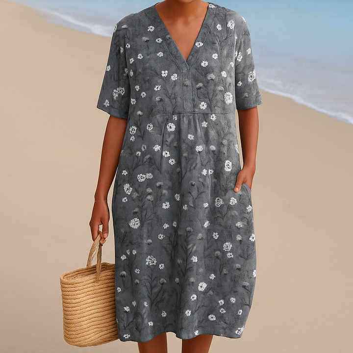 Delvara | Women's Floral Print Midi Dress - Grey - Image 1