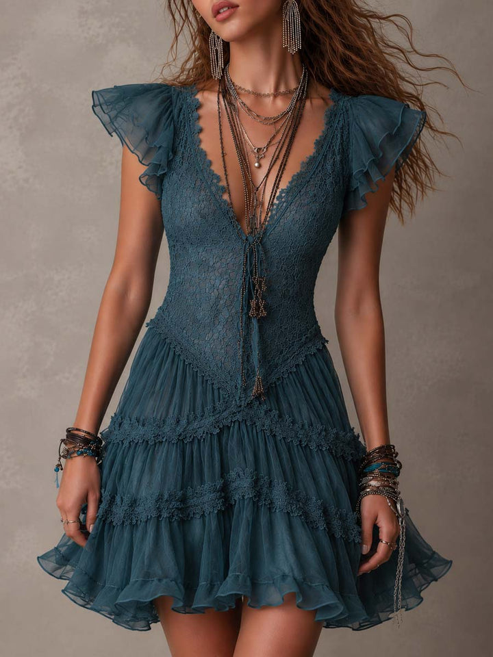 Delvara | Women's Lace Mini Dress Ruffle Sleeves - Teal - Image 1