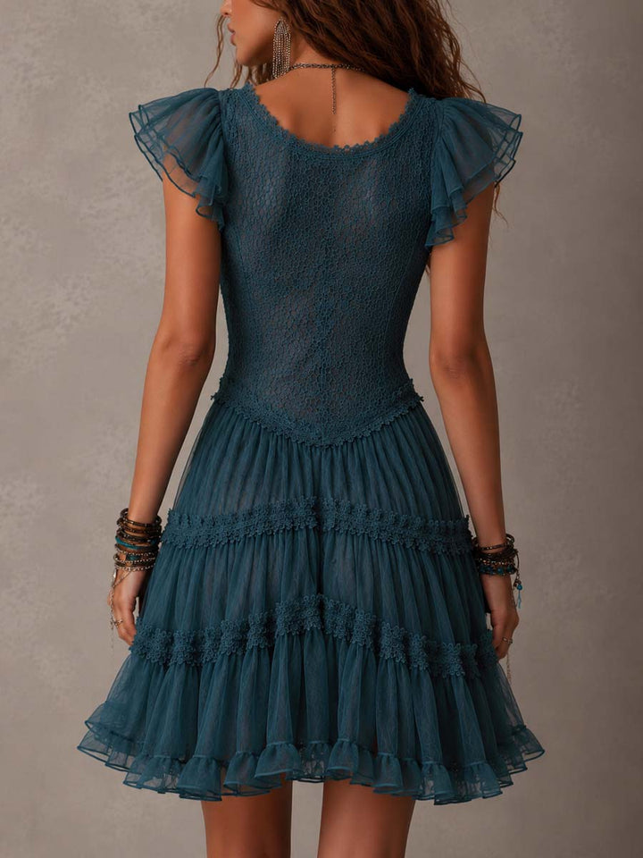 Delvara | Women's Lace Mini Dress Ruffle Sleeves - Teal - Image 2