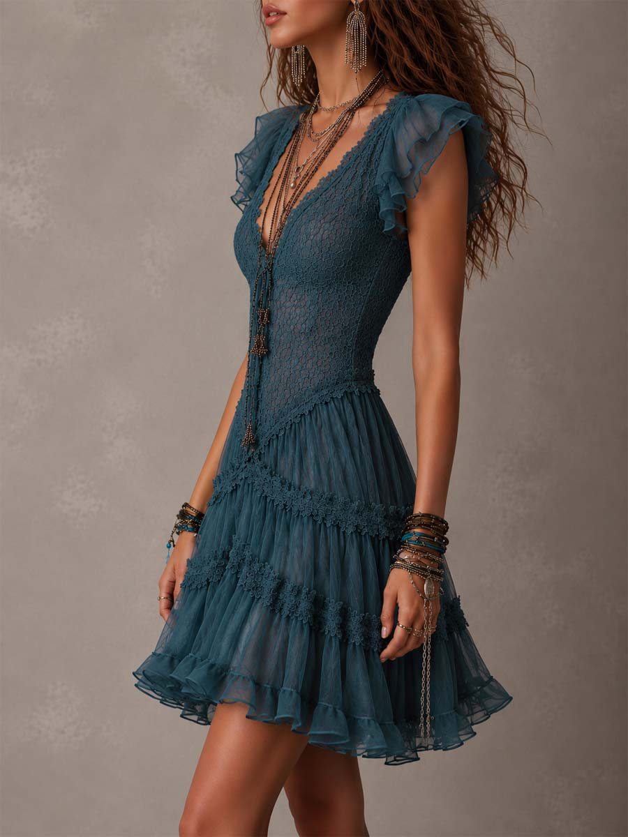 Delvara | Women's Lace Mini Dress Ruffle Sleeves - Teal - Image 3