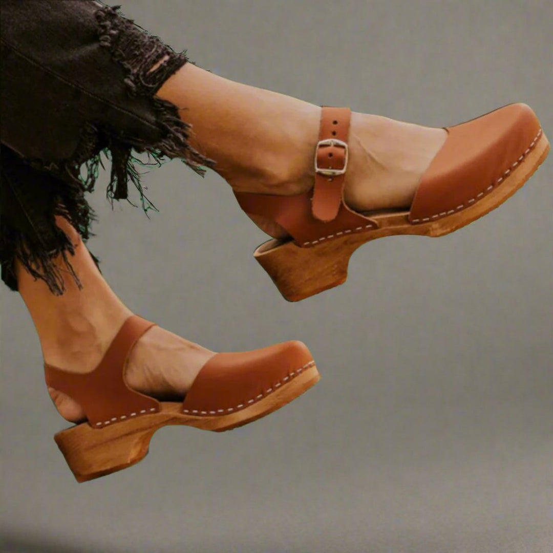 Delvara | Women's Platform Clog Ankle Strap Closed Toe Shoe - Camel - Image 1