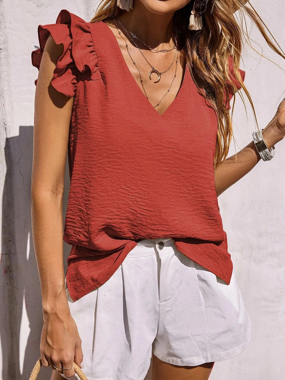 Delvara | Women's Ruffle Sleeve V-Neck Summer Top - Black - Image 4