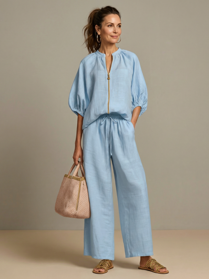 Delvine | Women's Co-ord Set Wide Leg Pants & Zip Top - Light Blue - Image 1