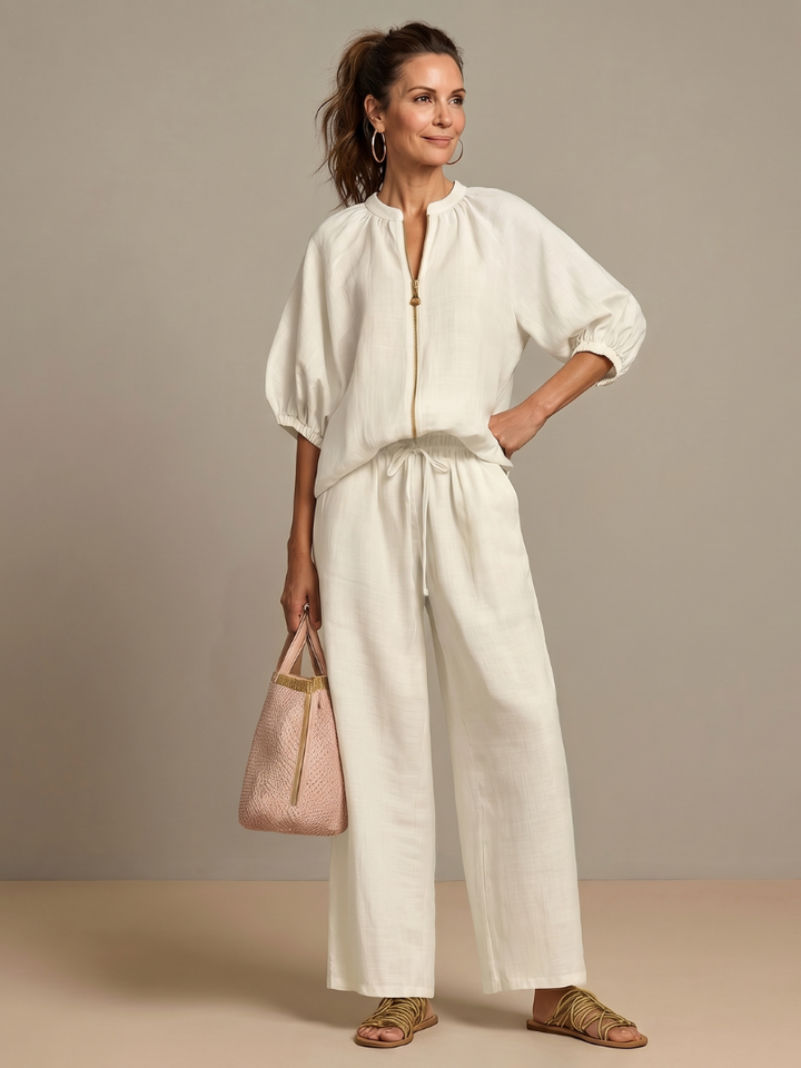 Delvine | Women's Co-ord Set Wide Leg Pants & Zip Top - Light Blue - Image 13
