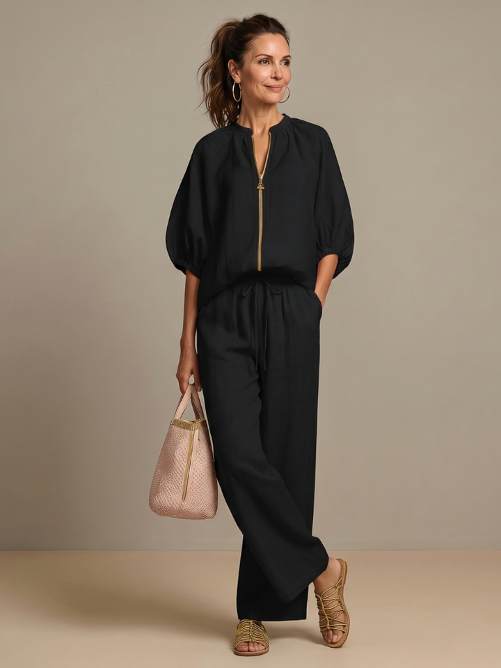 Delvine | Women's Co-ord Set Wide Leg Pants & Zip Top - Light Blue - Image 18