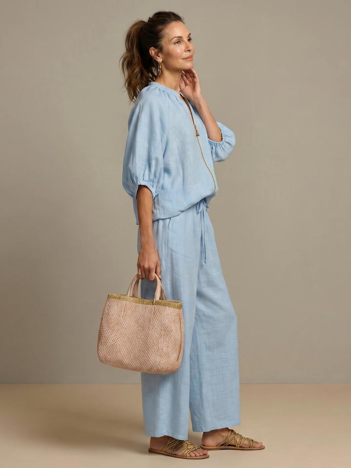 Delvine | Women's Co-ord Set Wide Leg Pants & Zip Top - Light Blue - Image 2