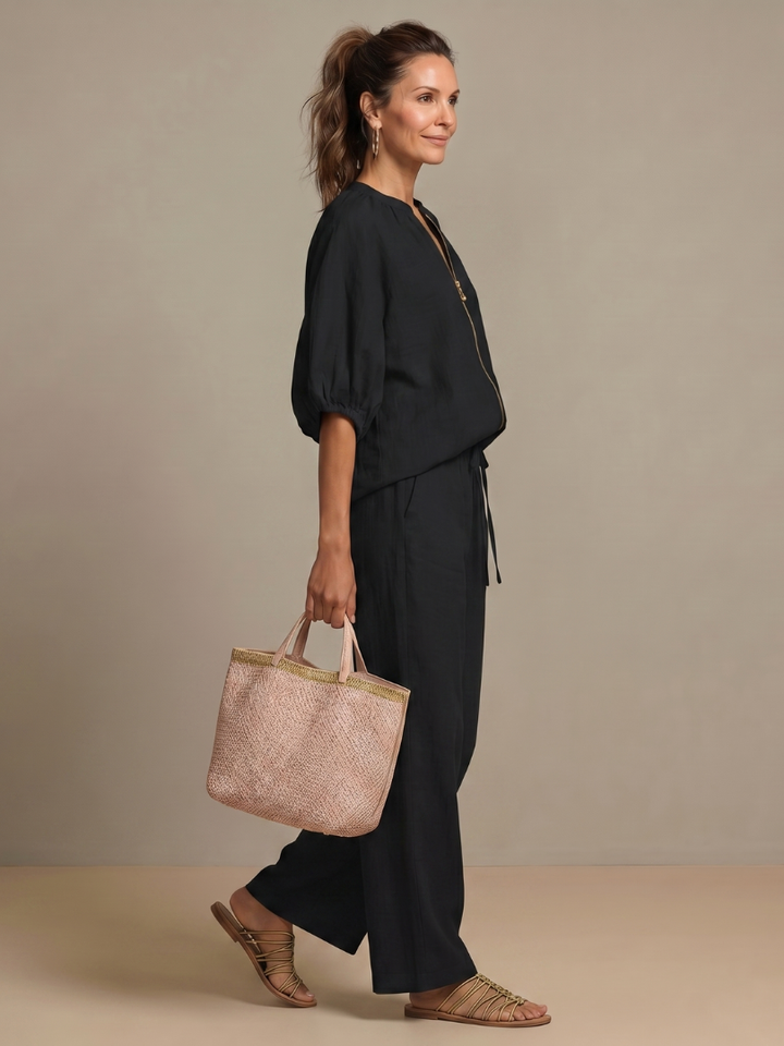Delvine | Women's Co-ord Set Wide Leg Pants & Zip Top - Light Blue - Image 20