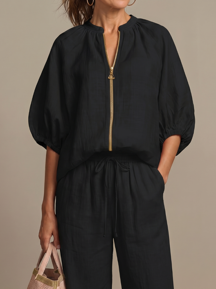 Delvine | Women's Co-ord Set Wide Leg Pants & Zip Top - Light Blue - Image 21