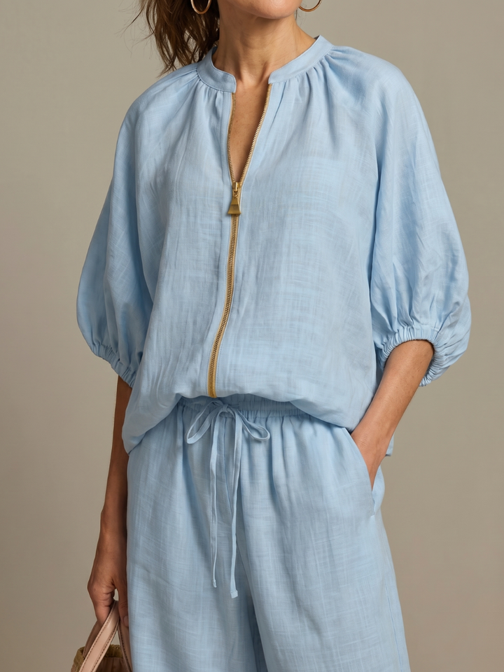 Delvine | Women's Co-ord Set Wide Leg Pants & Zip Top - Light Blue - Image 3