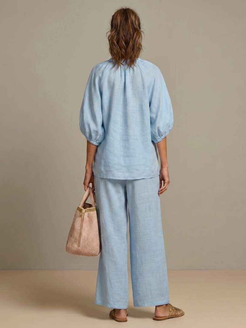 Delvine | Women's Co-ord Set Wide Leg Pants & Zip Top - Light Blue - Image 4