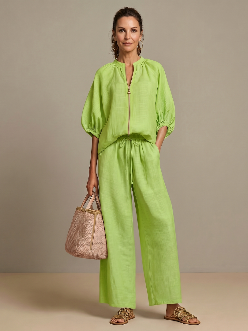 Delvine | Women's Co-ord Set Wide Leg Pants & Zip Top - Light Blue - Image 7