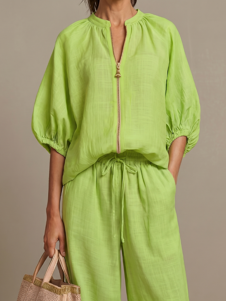 Delvine | Women's Co-ord Set Wide Leg Pants & Zip Top - Light Blue - Image 9
