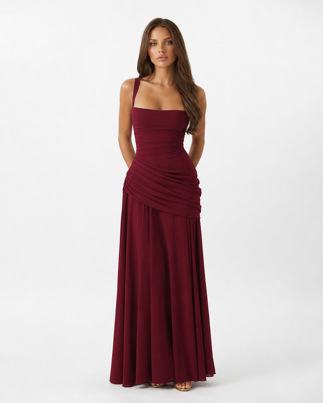 Delvinia | Women's Square Neck Ruched Maxi Dress - Image 3
