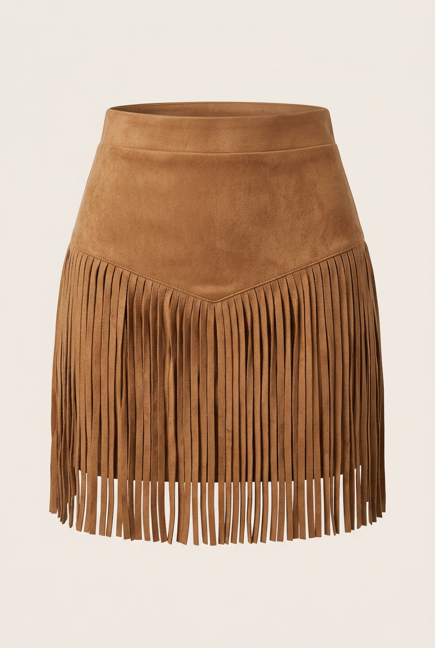 Delvora | Women's Suede Fringe Mini Skirt - Camel - Image 1