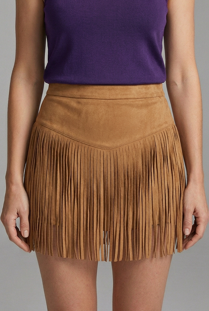 Delvora | Women's Suede Fringe Mini Skirt - Camel - Image 3