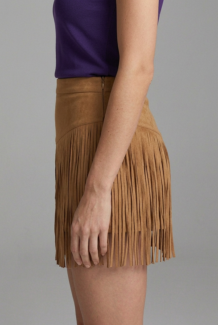 Delvora | Women's Suede Fringe Mini Skirt - Camel - Image 4