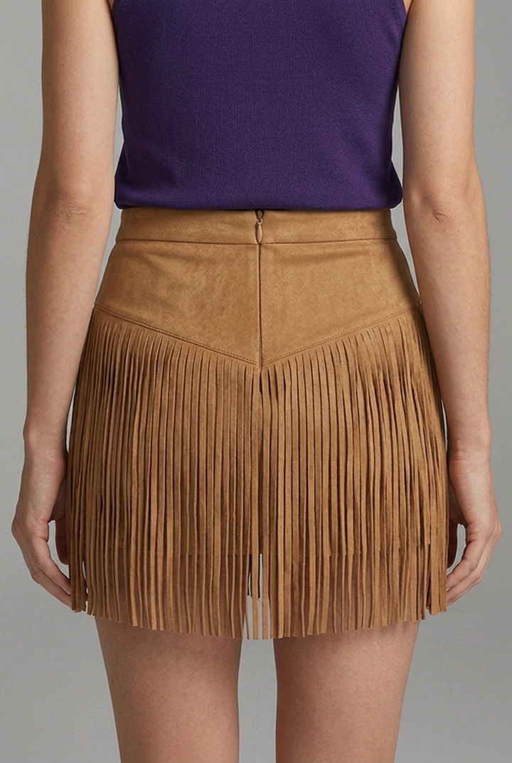 Delvora | Women's Suede Fringe Mini Skirt - Camel - Image 5