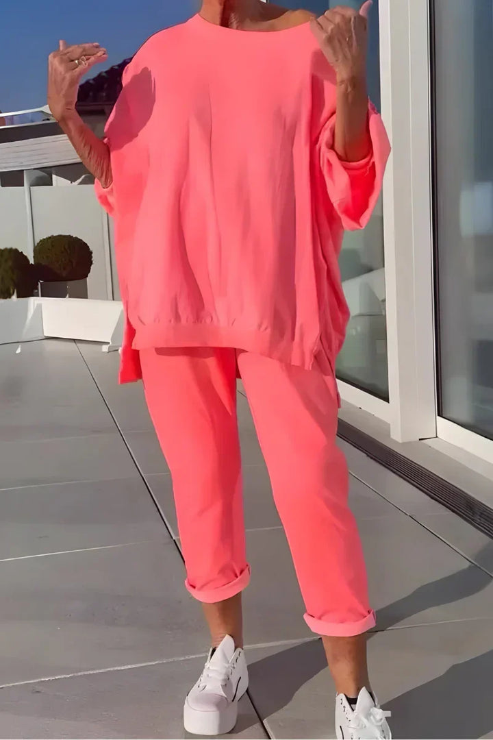 Delvora | Women's Two Piece Lounge Set Oversized Top - Coral - Image 1