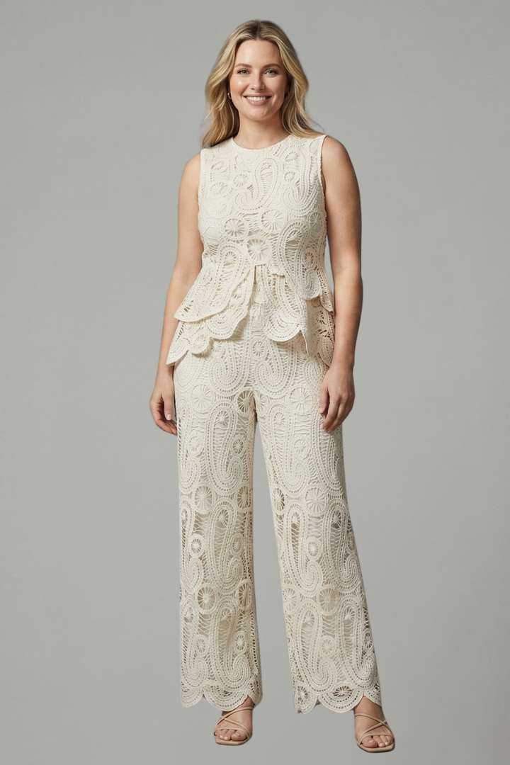Delvorna | Women's Lace Two Piece Set Wide Leg Pants - Cream - Image 1