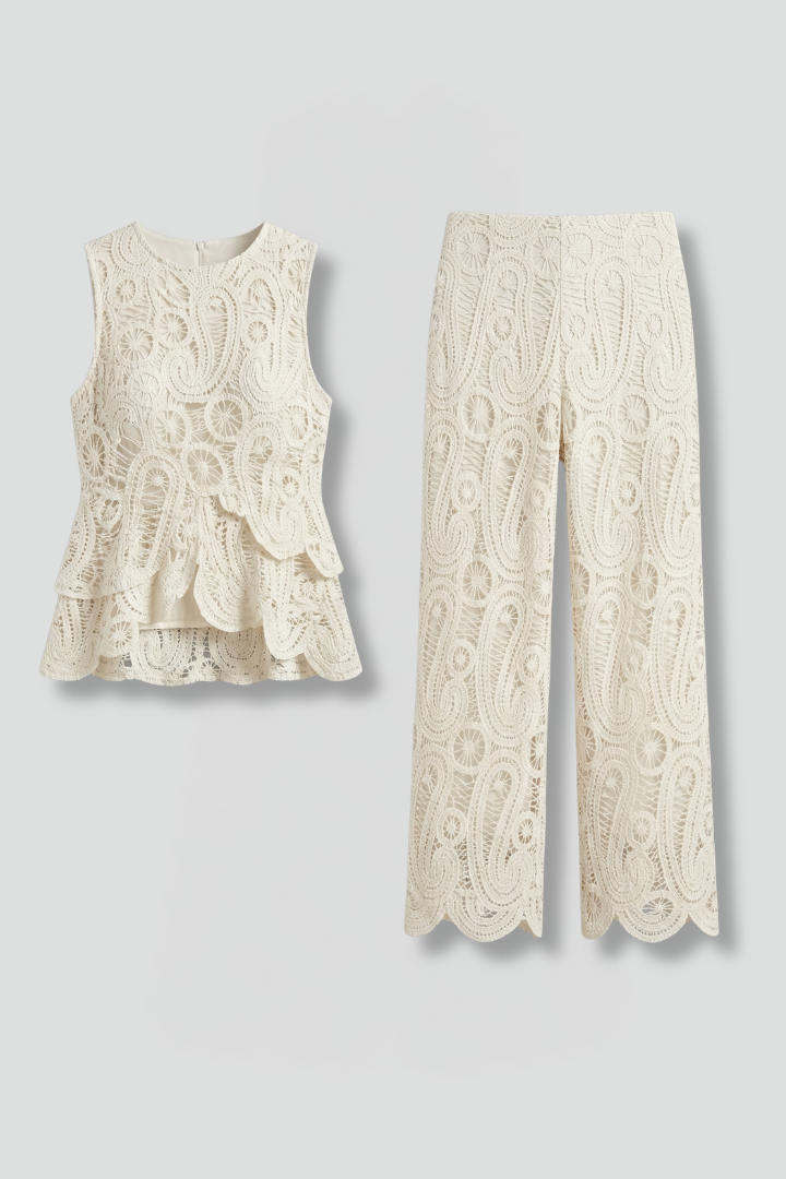 Delvorna | Women's Lace Two Piece Set Wide Leg Pants - Cream - Image 2