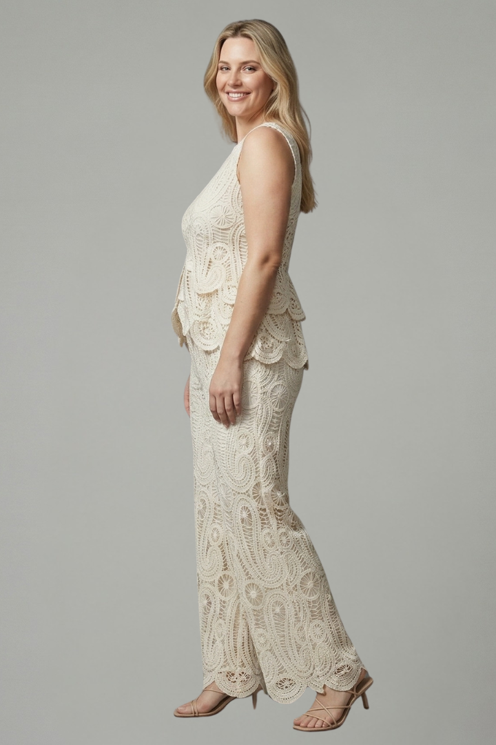 Delvorna | Women's Lace Two Piece Set Wide Leg Pants - Cream - Image 3