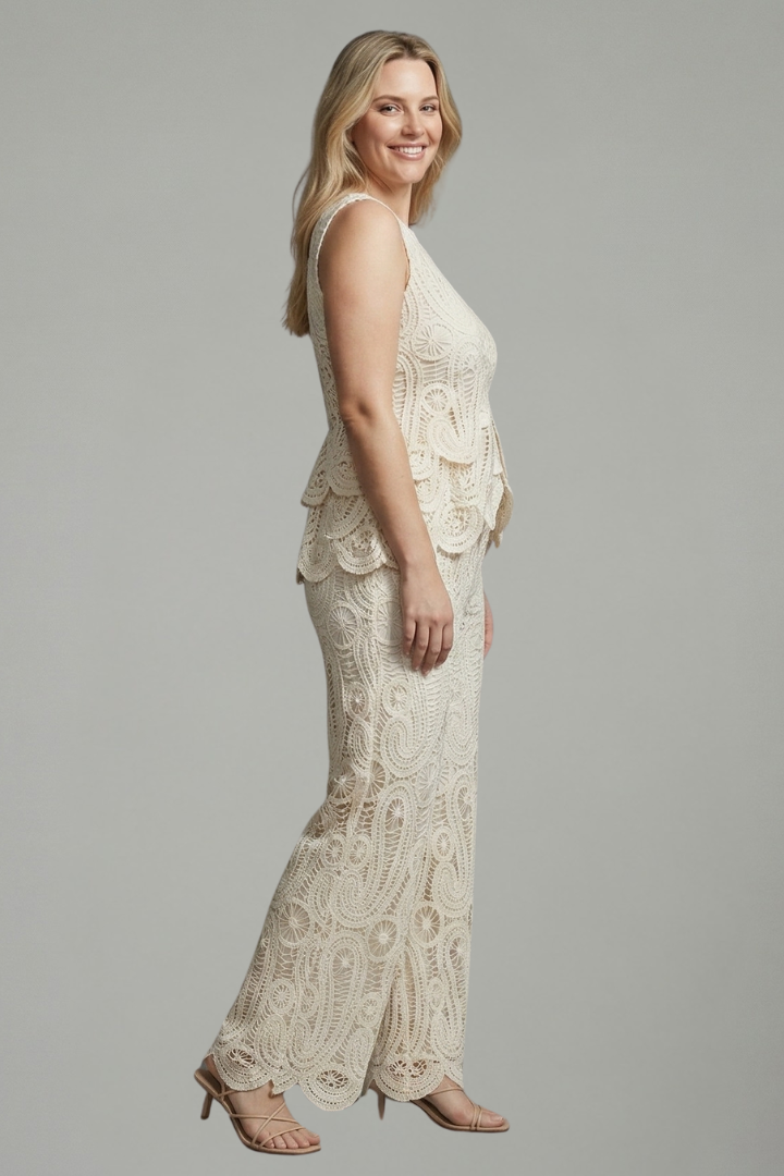 Delvorna | Women's Lace Two Piece Set Wide Leg Pants - Cream - Image 4